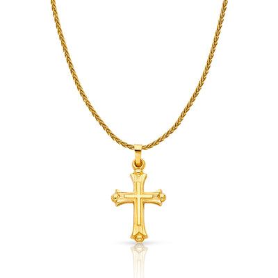 14K Gold Cross Charm Pendant with 1.1mm Wheat Chain Necklace