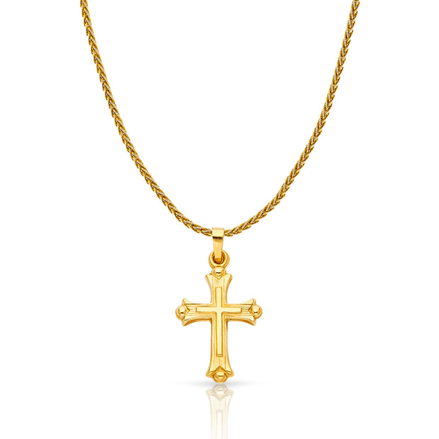 14K Gold Cross Charm Pendant with 1.1mm Wheat Chain Necklace