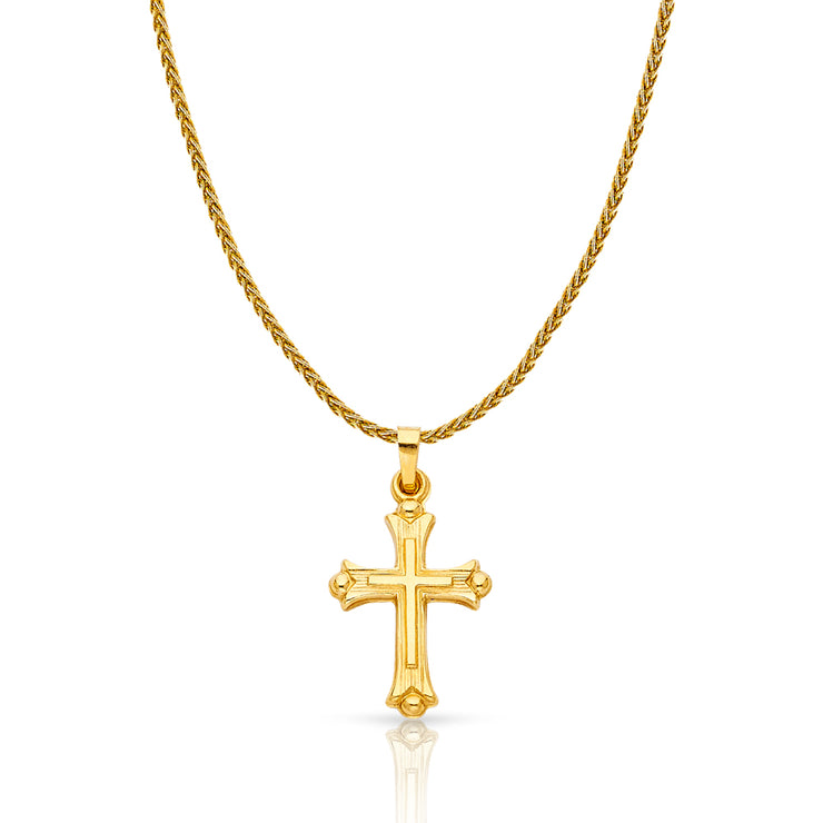 14K Gold Cross Charm Pendant with 1.1mm Wheat Chain Necklace