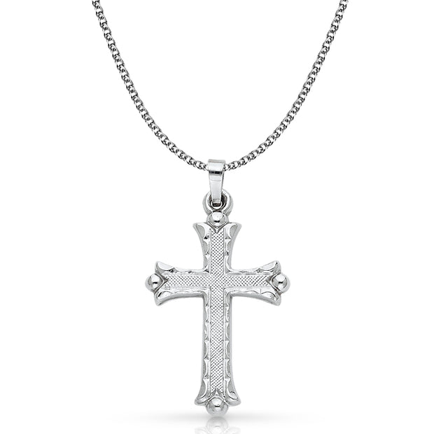 14K White Gold Cross Charm Pendant with 1.7mm Flat Open Wheat Chain Necklace