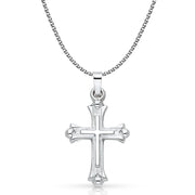 14K White Gold Cross Charm Pendant with 1.5mm Flat Open Wheat Chain Necklace