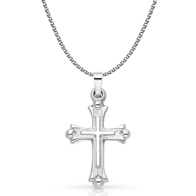 14K White Gold Cross Charm Pendant with 1.5mm Flat Open Wheat Chain Necklace