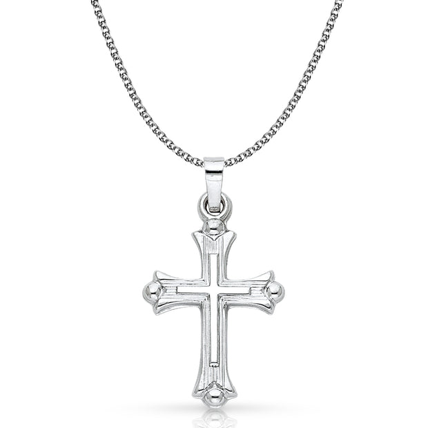 14K White Gold Cross Charm Pendant with 1.5mm Flat Open Wheat Chain Necklace