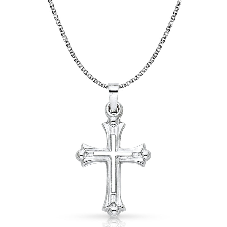 14K White Gold Cross Charm Pendant with 1.5mm Flat Open Wheat Chain Necklace