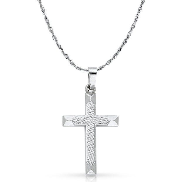 14K White Gold Cross Charm Pendant with 2mm Rope Chain Necklace