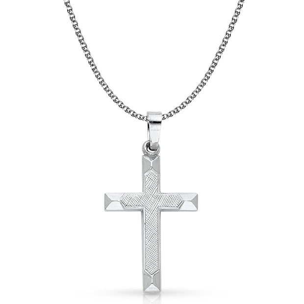 14K White Gold Cross Charm Pendant with 1.5mm Flat Open Wheat Chain Necklace