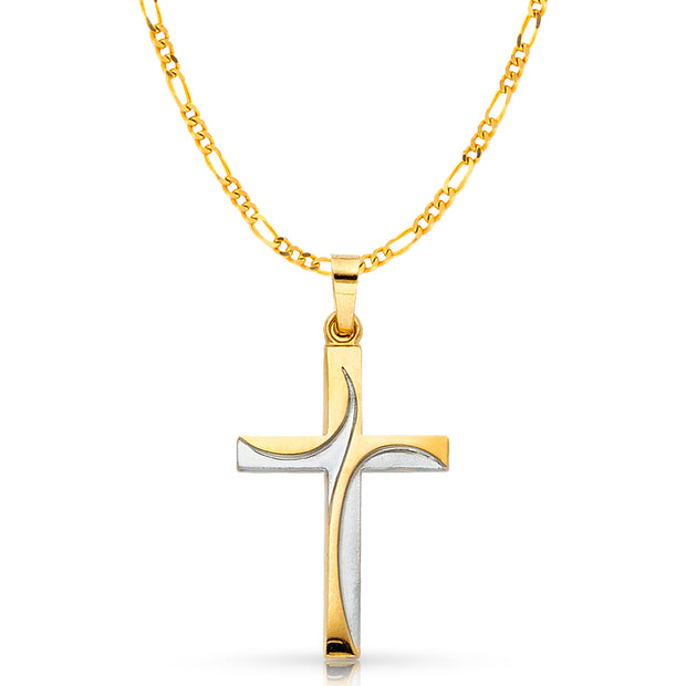 14K Gold Cross Charm Pendant with 2.3mm Figaro 3+1 Chain Necklace