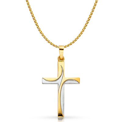 14K Gold Cross Charm Pendant with 1.5mm Flat Open Wheat Chain Necklace