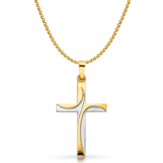 14K Gold Cross Charm Pendant with 1.5mm Flat Open Wheat Chain Necklace