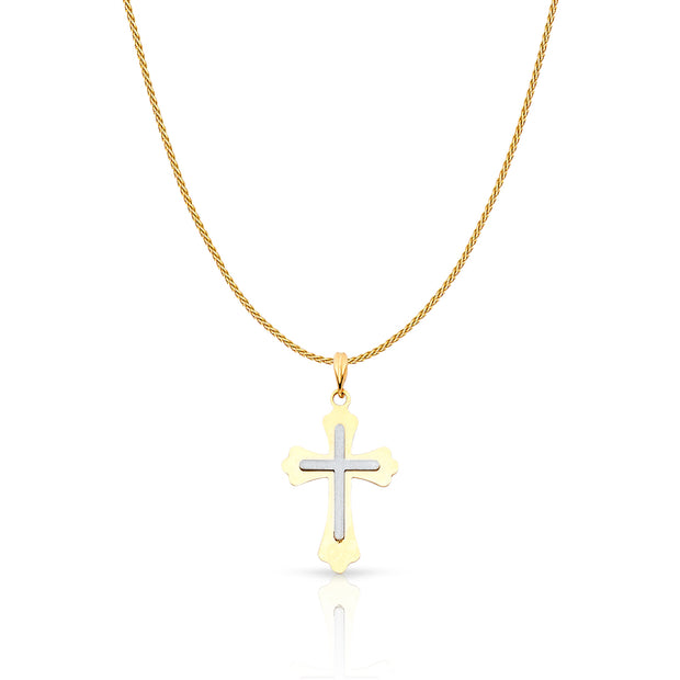 14K Gold Cross Charm Pendant with 0.9mm Wheat Chain Necklace