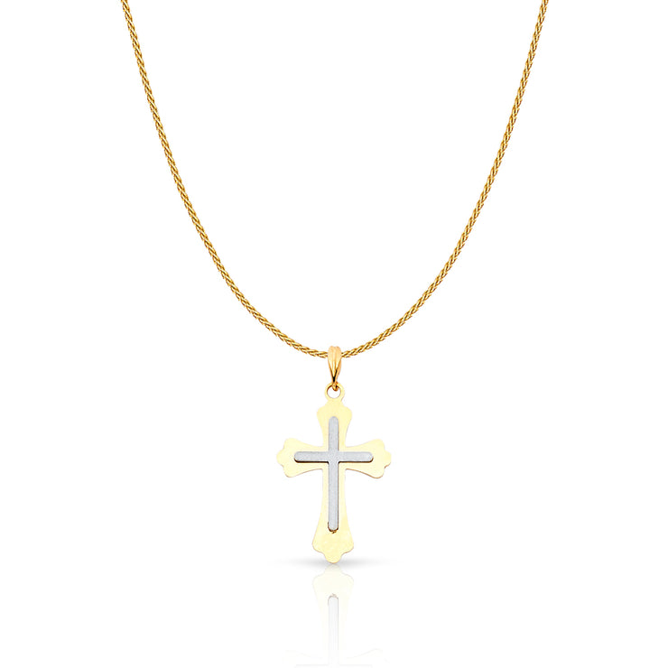 14K Gold Cross Charm Pendant with 0.9mm Wheat Chain Necklace