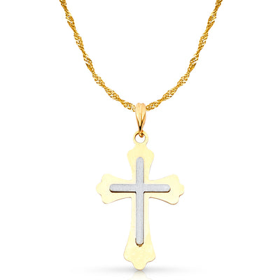 14K Gold Cross Charm Pendant with 1.2mm Singapore Chain Necklace