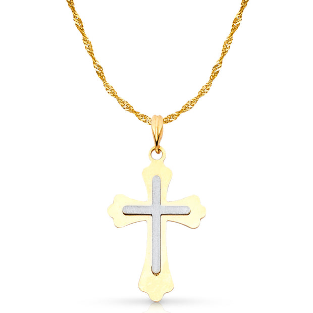 14K Gold Cross Charm Pendant with 1.2mm Singapore Chain Necklace