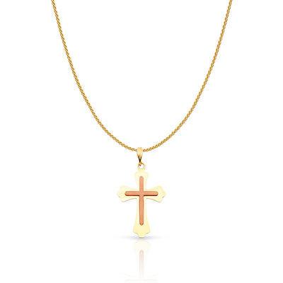 14K Gold Cross Charm Pendant with 0.9mm Wheat Chain Necklace