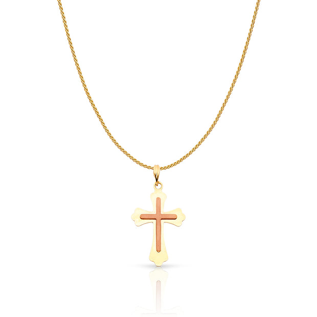 14K Gold Cross Charm Pendant with 0.9mm Wheat Chain Necklace