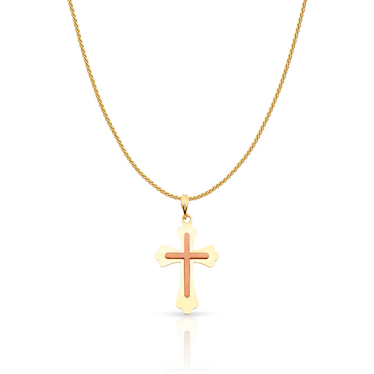 14K Gold Cross Charm Pendant with 0.9mm Wheat Chain Necklace