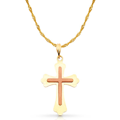 14K Gold Cross Charm Pendant with 1.2mm Singapore Chain Necklace