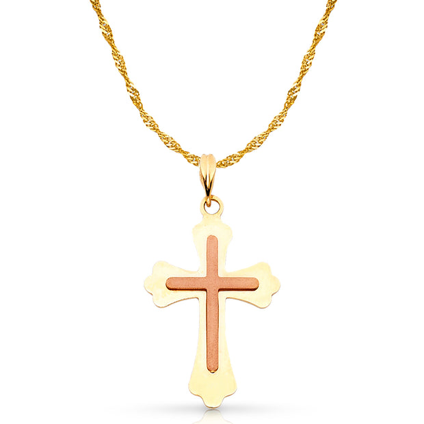 14K Gold Cross Charm Pendant with 1.2mm Singapore Chain Necklace