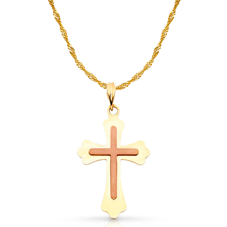 14K Gold Cross Charm Pendant with 1.2mm Singapore Chain Necklace