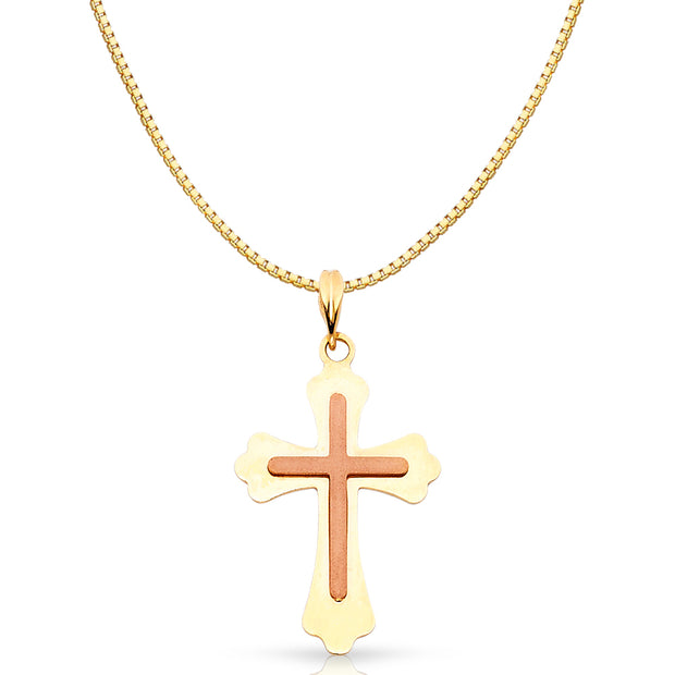 14K Gold Religious Cross Charm Pendant with 0.8mm Box Chain Necklace