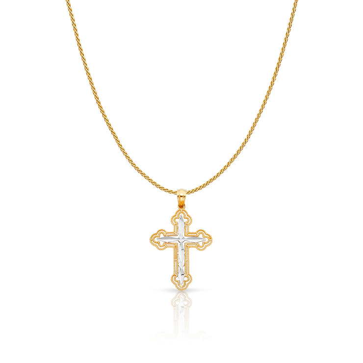 14K Gold Cross Charm Pendant with 0.9mm Wheat Chain Necklace