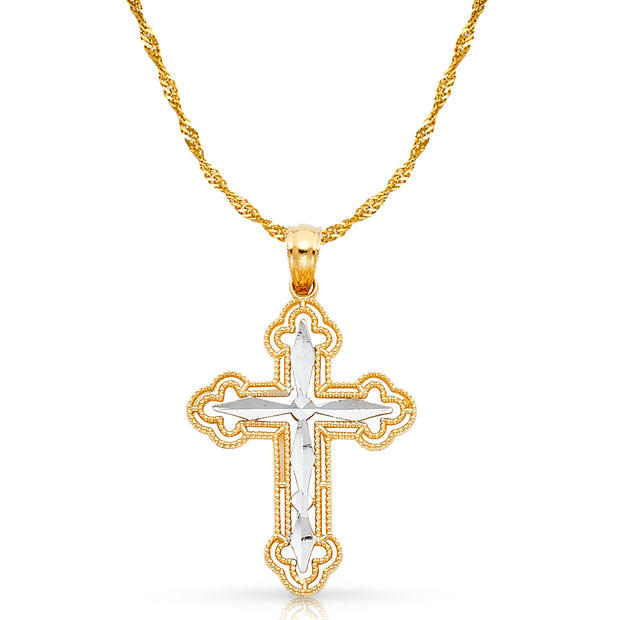 14K Gold Cross Charm Pendant with 1.2mm Singapore Chain Necklace