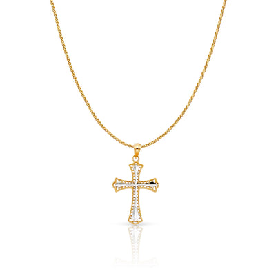 14K Gold Cross Charm Pendant with 0.9mm Wheat Chain Necklace