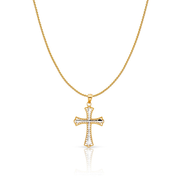 14K Gold Cross Charm Pendant with 0.9mm Wheat Chain Necklace