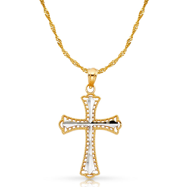 14K Gold Cross Charm Pendant with 1.2mm Singapore Chain Necklace