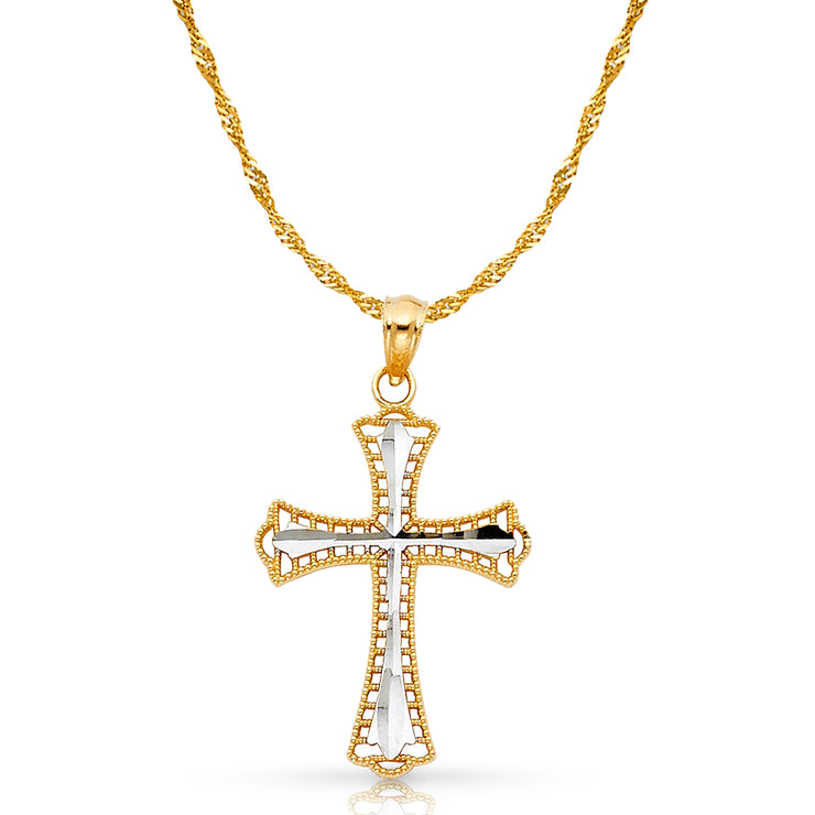 14K Gold Cross Charm Pendant with 1.2mm Singapore Chain Necklace
