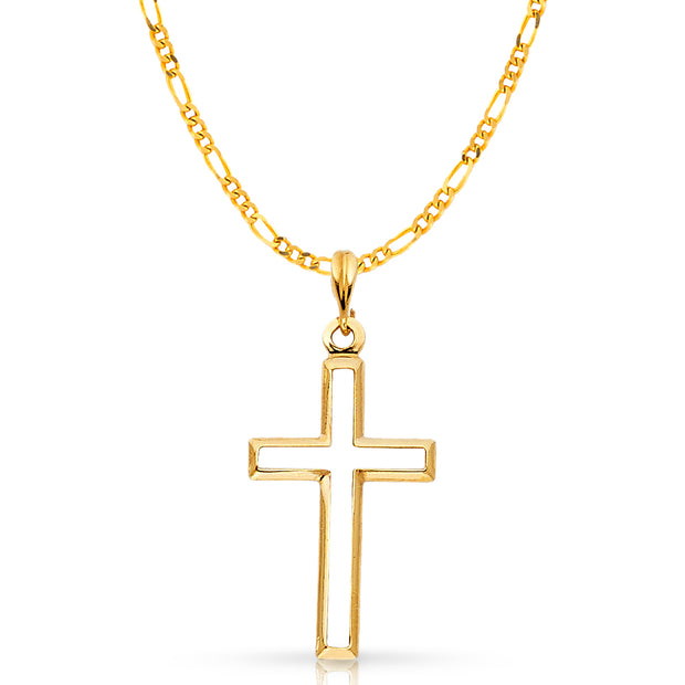 14K Gold Opening Cross Charm Pendant with 2.3mm Figaro 3+1 Chain Necklace