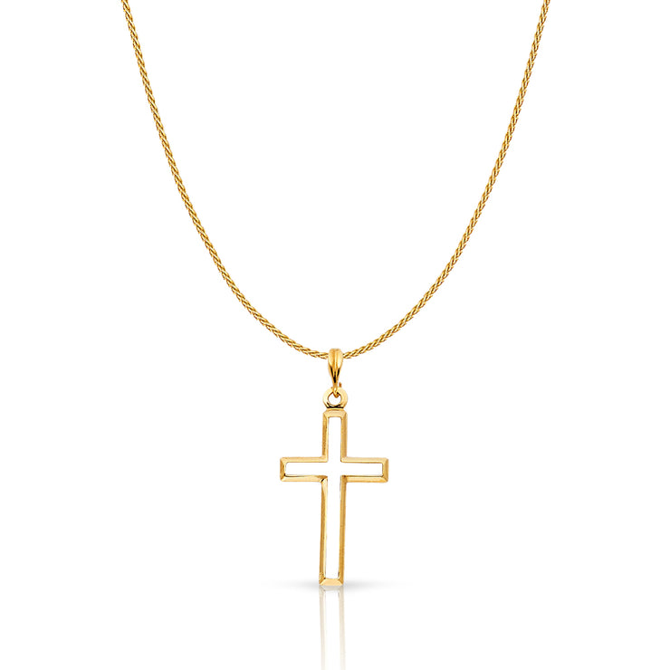 14K Gold Opening Cross Charm Pendant with 0.9mm Wheat Chain Necklace