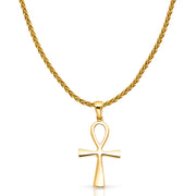 14K Gold Egyptian Ankh Cross Charm Pendant with 1.4mm Round Wheat Chain Necklace