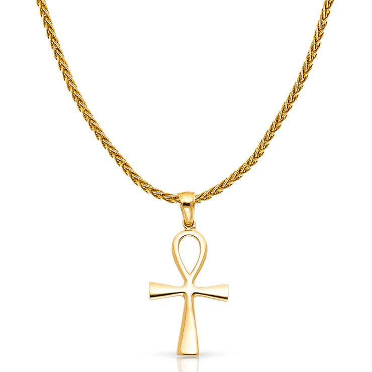 14K Gold Egyptian Ankh Cross Charm Pendant with 1.4mm Round Wheat Chain Necklace