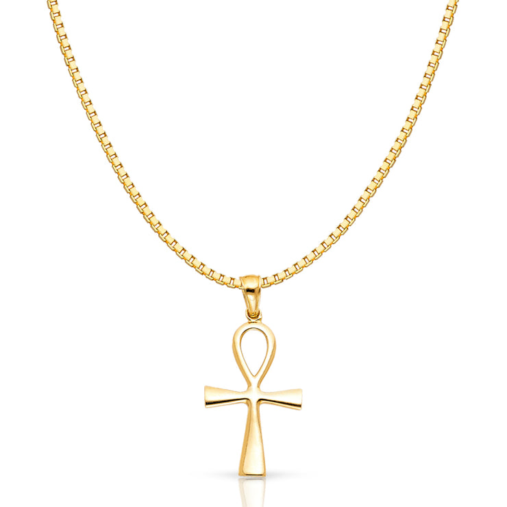 14K Gold Egyptian Ankh Religious Cross Charm Pendant with 1.2mm Box Chain Necklace