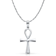 14K White Gold Egyptian Ankh Cross Charm Pendant with 2mm Rope Chain Necklace