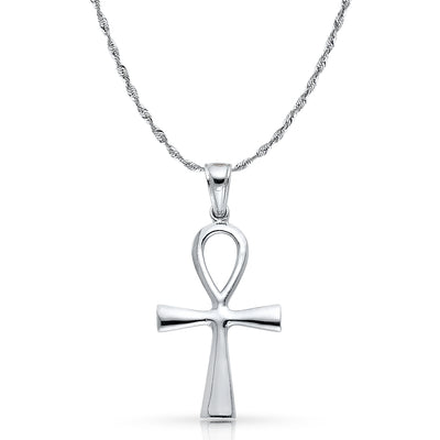 14K White Gold Egyptian Ankh Cross Charm Pendant with 2mm Rope Chain Necklace