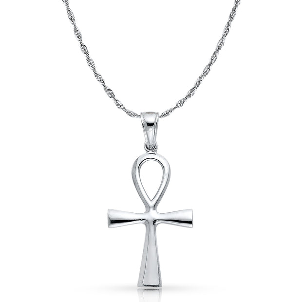 14K White Gold Egyptian Ankh Cross Charm Pendant with 2mm Rope Chain Necklace