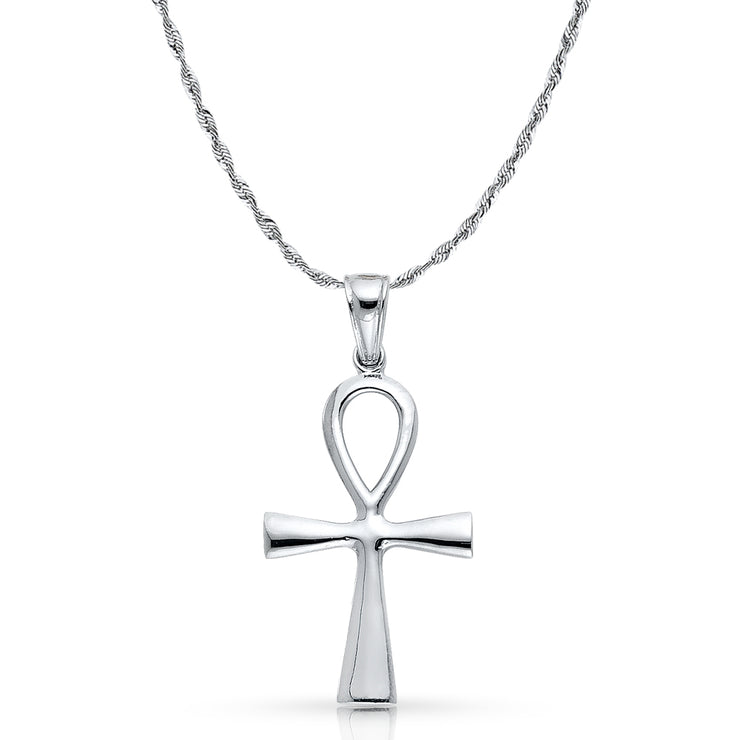14K White Gold Egyptian Ankh Cross Charm Pendant with 2mm Rope Chain Necklace