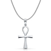 14K White Gold Egyptian Ankh Cross Charm Pendant with 1.7mm Flat Open Wheat Chain Necklace