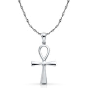 14K White Gold Egyptian Ankh Cross Charm Pendant with 1.8mm Singapore Chain Necklace