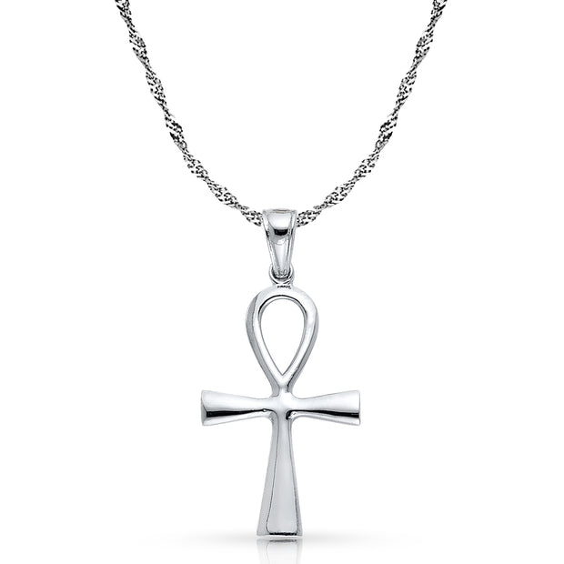 14K White Gold Egyptian Ankh Cross Charm Pendant with 1.8mm Singapore Chain Necklace