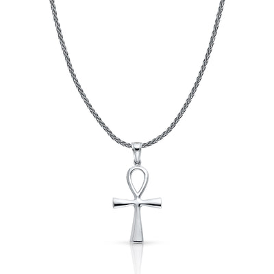 14K Gold Egyptian Ankh Cross Charm Pendant with 1.4mm Round Wheat Chain Necklace