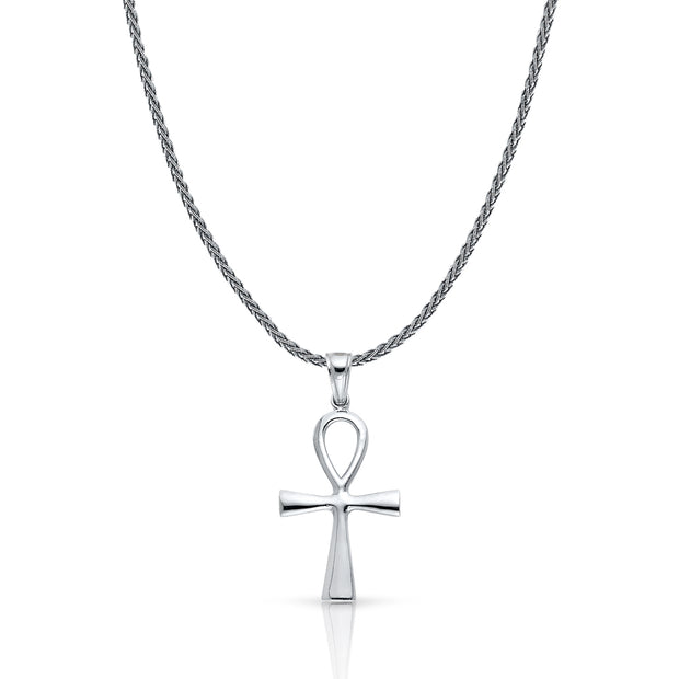 14K Gold Egyptian Ankh Cross Charm Pendant with 1.4mm Round Wheat Chain Necklace