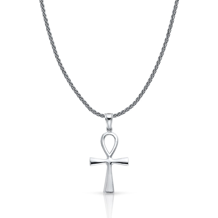 14K Gold Egyptian Ankh Cross Charm Pendant with 1.4mm Round Wheat Chain Necklace