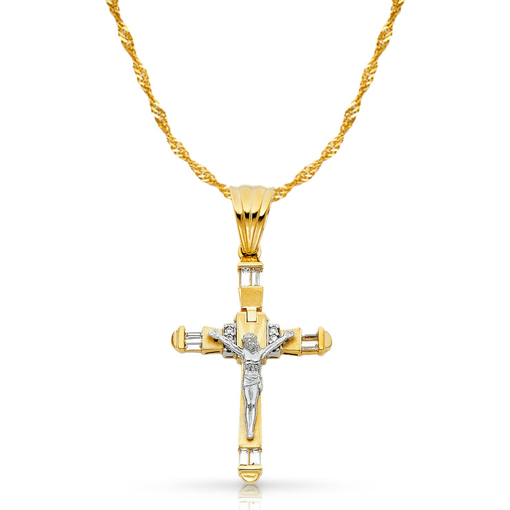 14K Gold CZ Crucifix Pendant with 1.8mm Singapore Chain