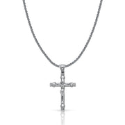 14K Gold CZ Crucifix Charm Pendant with 1.4mm Round Wheat Chain Necklace