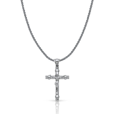 14K Gold CZ Crucifix Charm Pendant with 1.4mm Round Wheat Chain Necklace