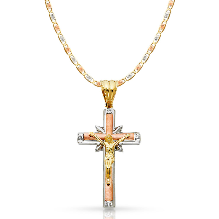 14K Gold CZ Crucifix Pendant with 4.2mm Valentino Star Diamond Cut Chain