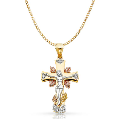 14K Gold CZ Crucifix Pendant with 3.4mm Hollow Cuban Chain